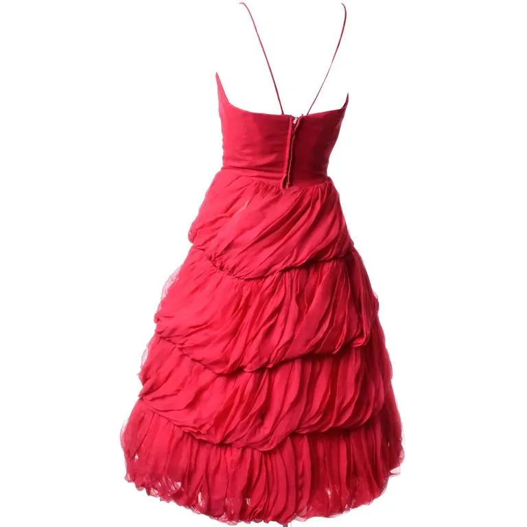 1950s Frank Usher Vintage Dress in Tiered Fine Red Silk Chiffon