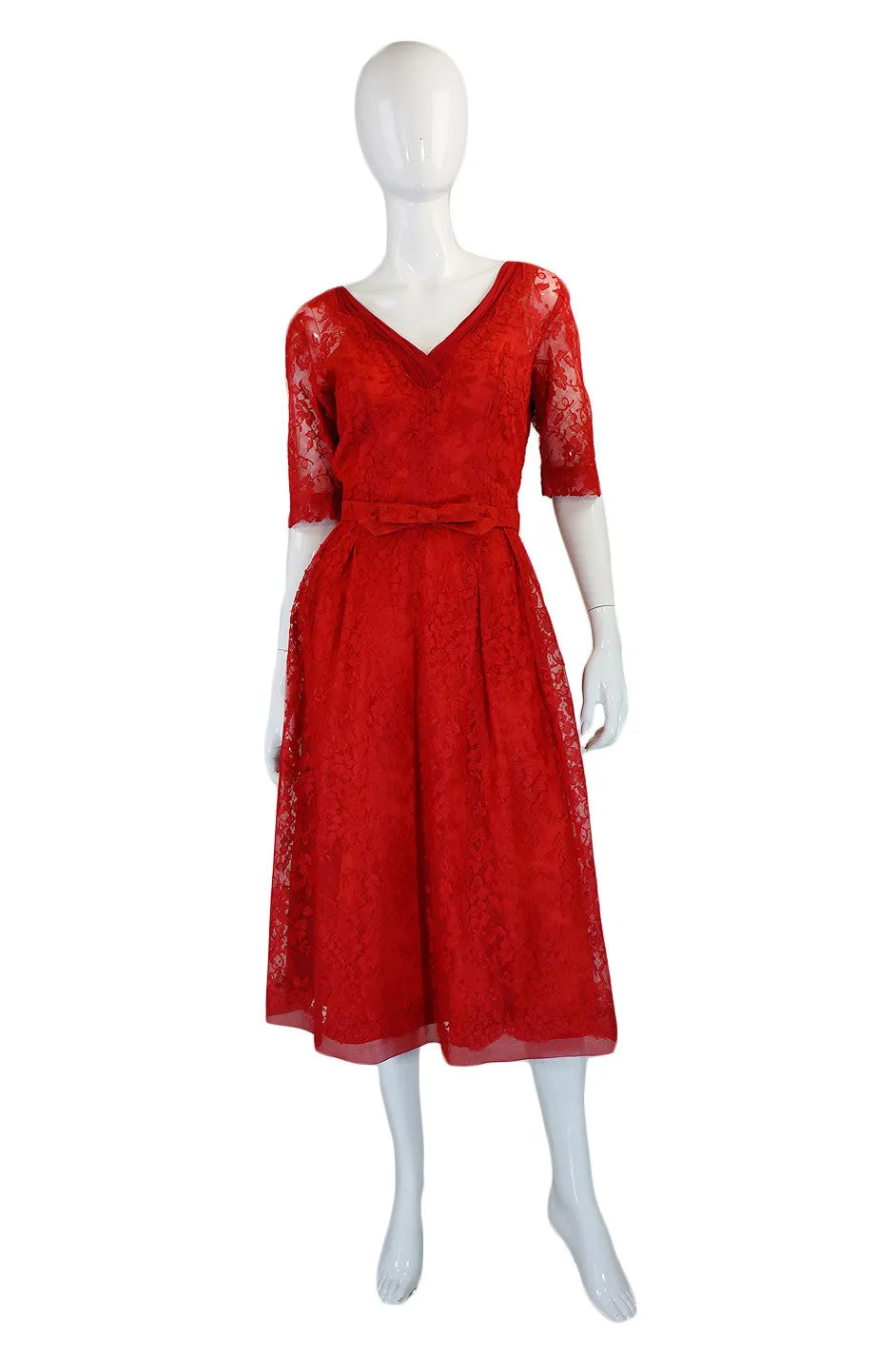 1950s Rare Red Lace Hardy Amies Dress