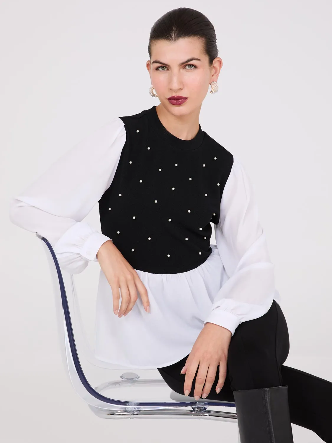 2-Fer Pearl Embellished Peplum Top