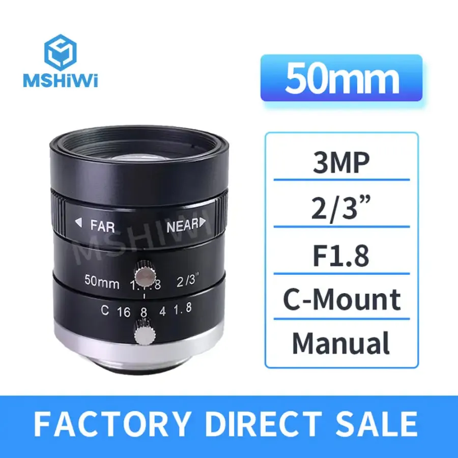 3MP C-mount 50mm Prime Lens 2/3" F1.8 Manual Iris Machine Vision Lens