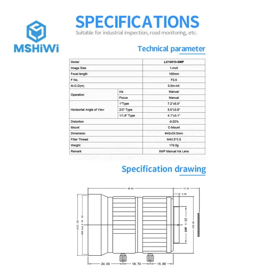 8MP 100mm C-mount F3.5 Aperture Manual Iris 1" Industrial FA Lens