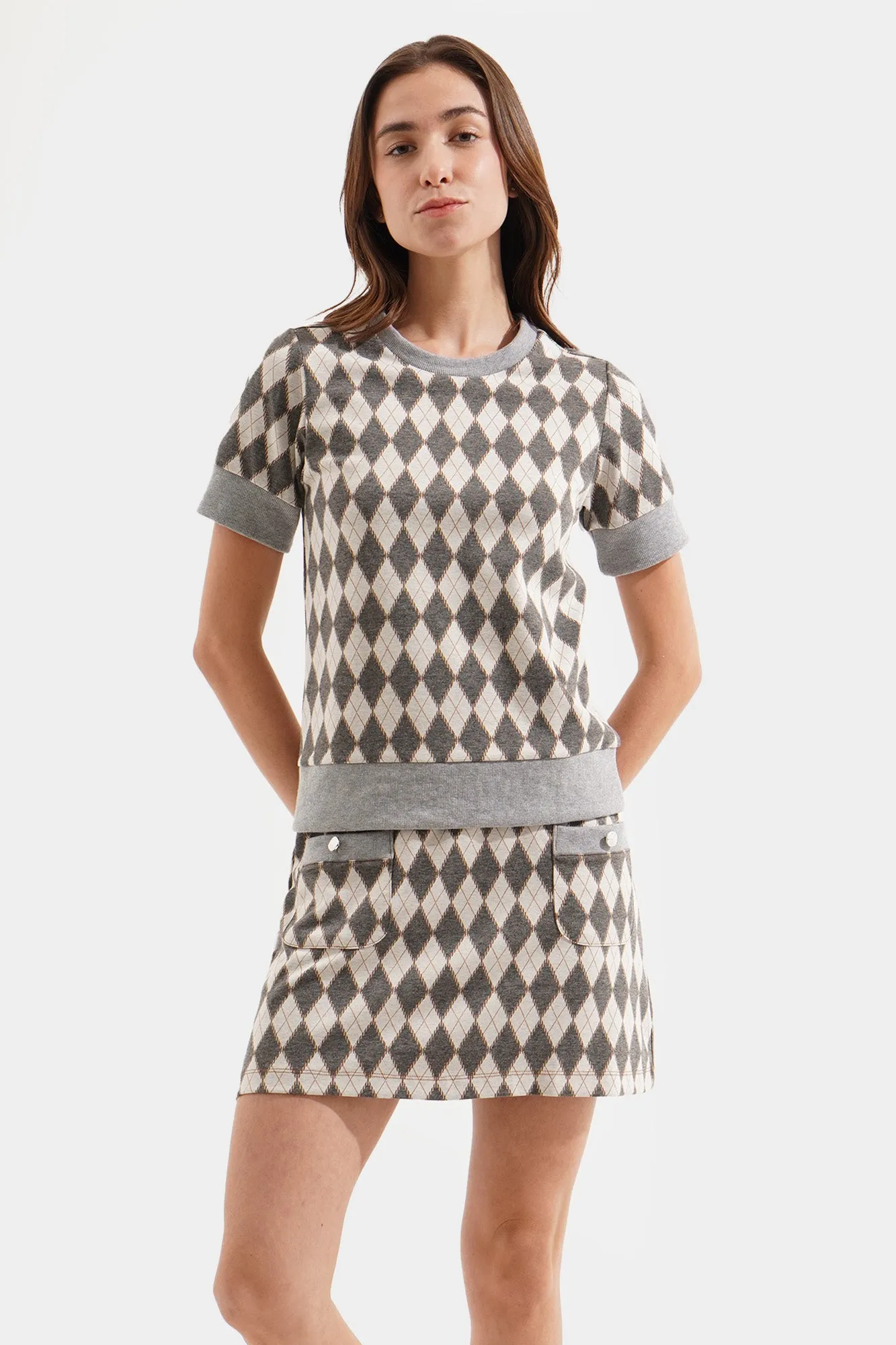 Argyle Patterned Jacquard Knit Tee