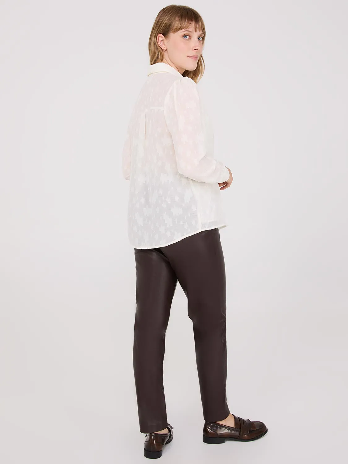 Chiffon Button-Front Blouse With Smocked Details