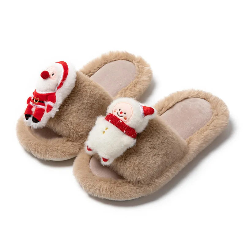 Christmas Shoes Santa Claus Open-Toe Cotton Slippers - Warm Plush Furry Indoor Winter Footwear.