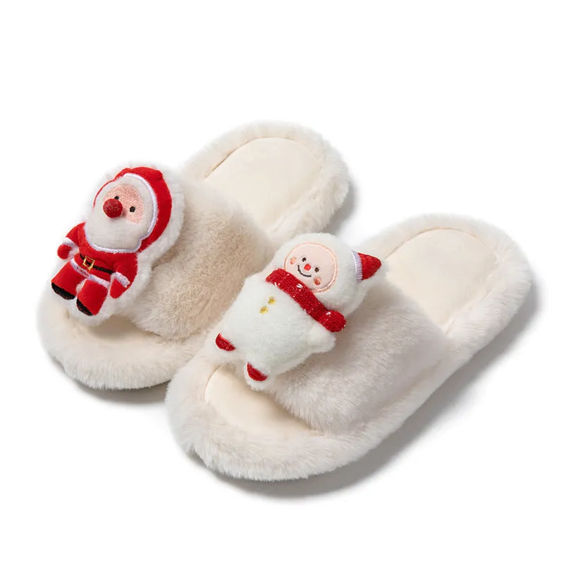 Christmas Shoes Santa Claus Open-Toe Cotton Slippers - Warm Plush Furry Indoor Winter Footwear.