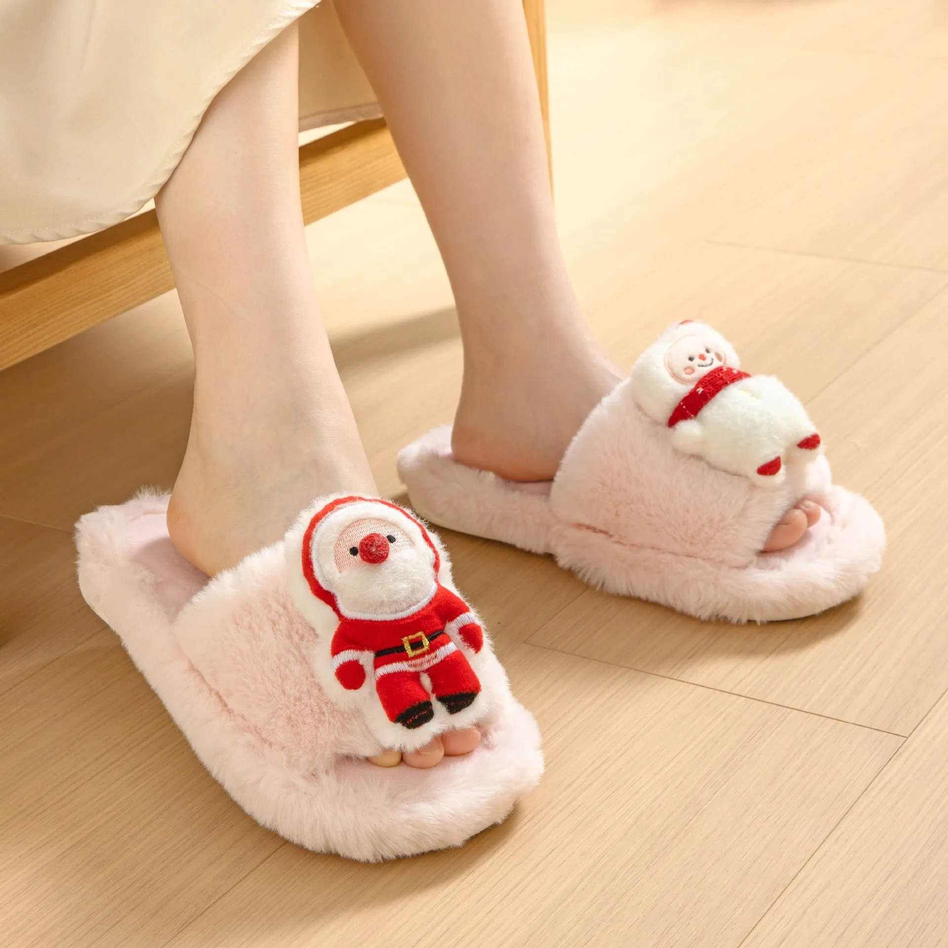 Christmas Shoes Santa Claus Open-Toe Cotton Slippers - Warm Plush Furry Indoor Winter Footwear.