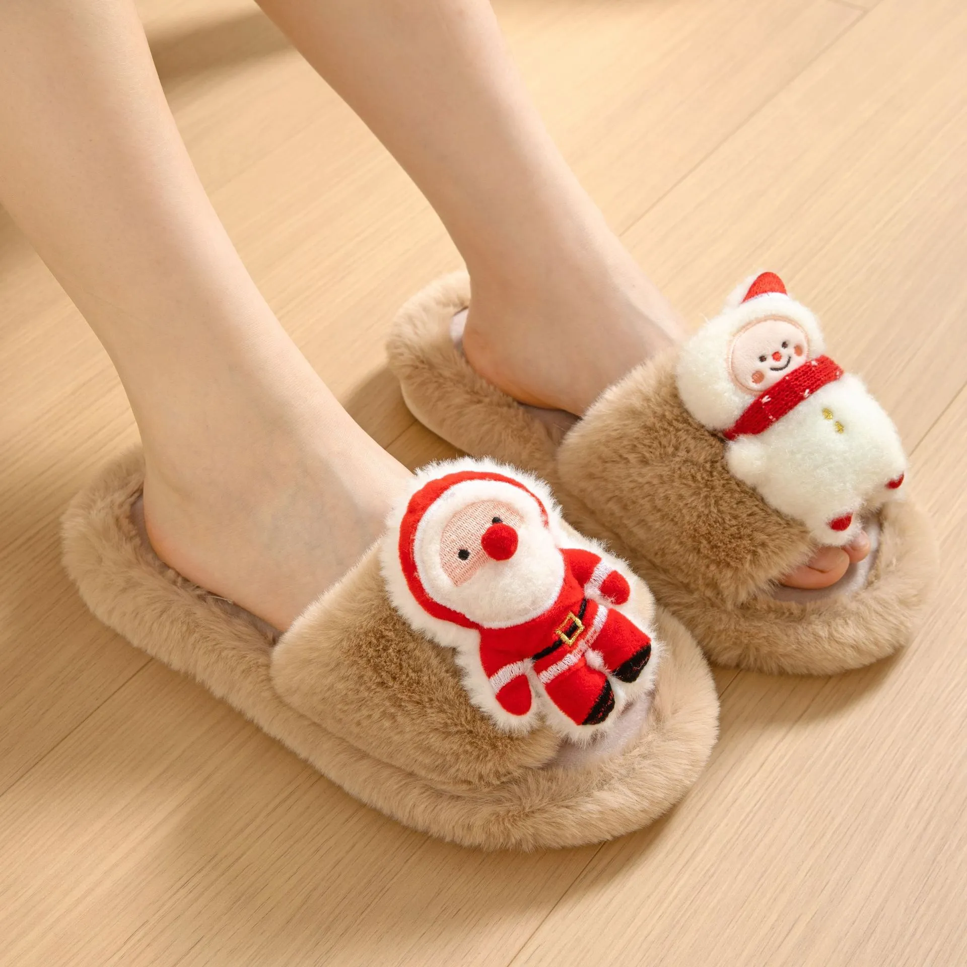 Christmas Shoes Santa Claus Open-Toe Cotton Slippers - Warm Plush Furry Indoor Winter Footwear.