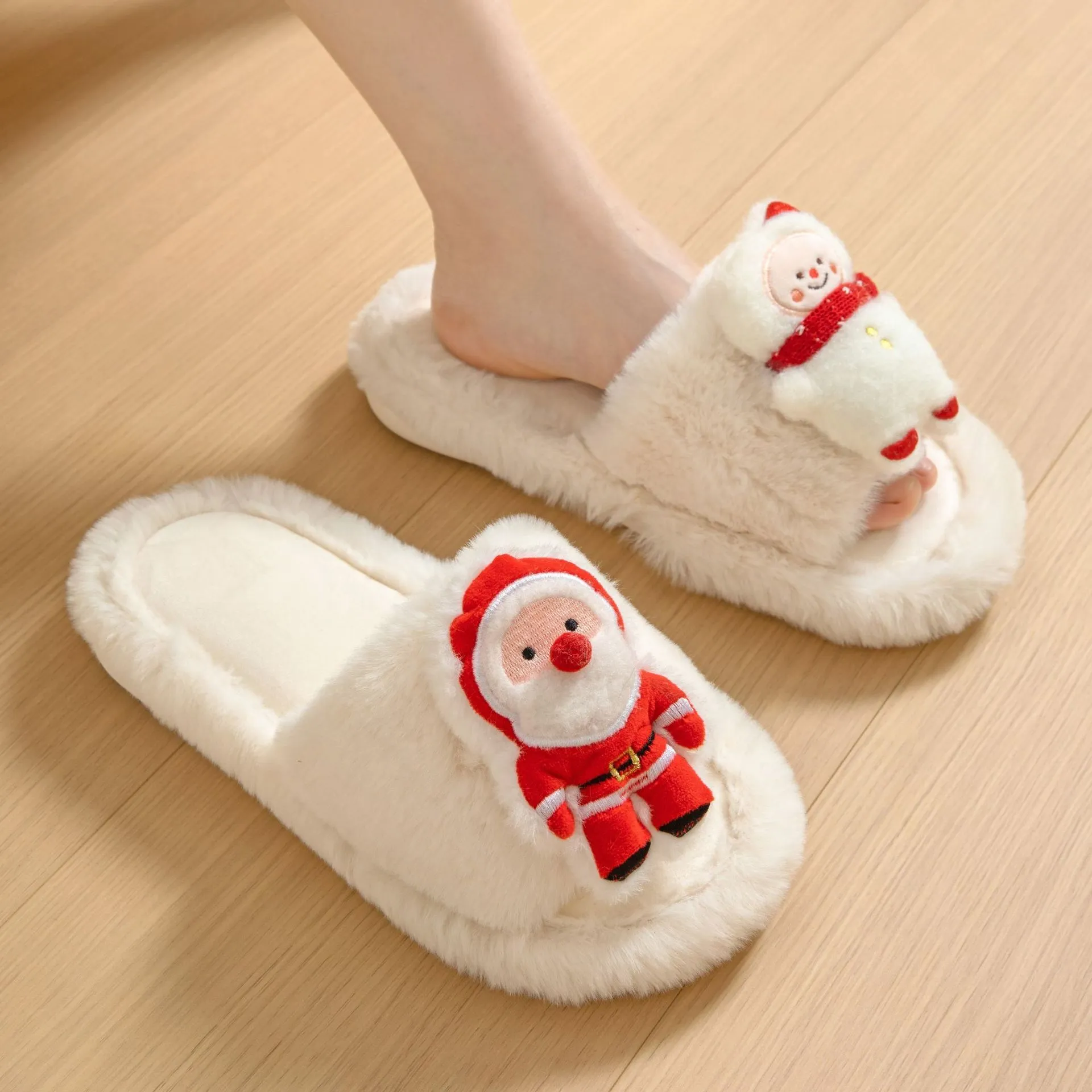 Christmas Shoes Santa Claus Open-Toe Cotton Slippers - Warm Plush Furry Indoor Winter Footwear.