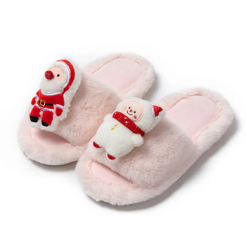 Christmas Shoes Santa Claus Open-Toe Cotton Slippers - Warm Plush Furry Indoor Winter Footwear.