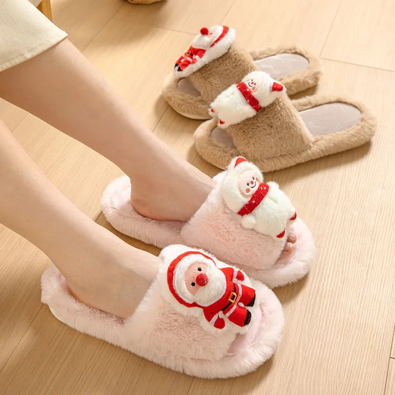 Christmas Shoes Santa Claus Open-Toe Cotton Slippers - Warm Plush Furry Indoor Winter Footwear.