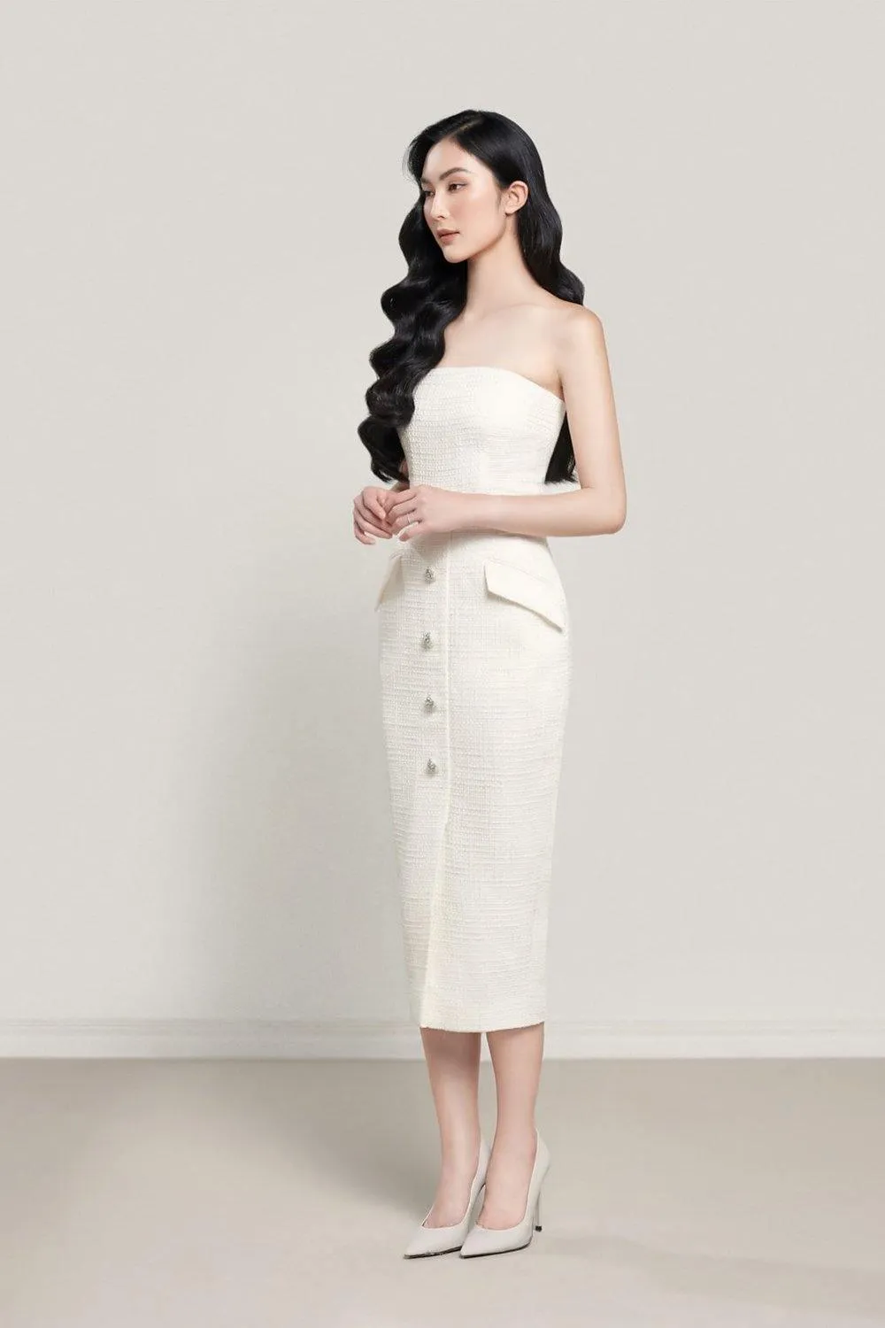 Dor Strapless Straight Across Neck Tweed Midi Dress