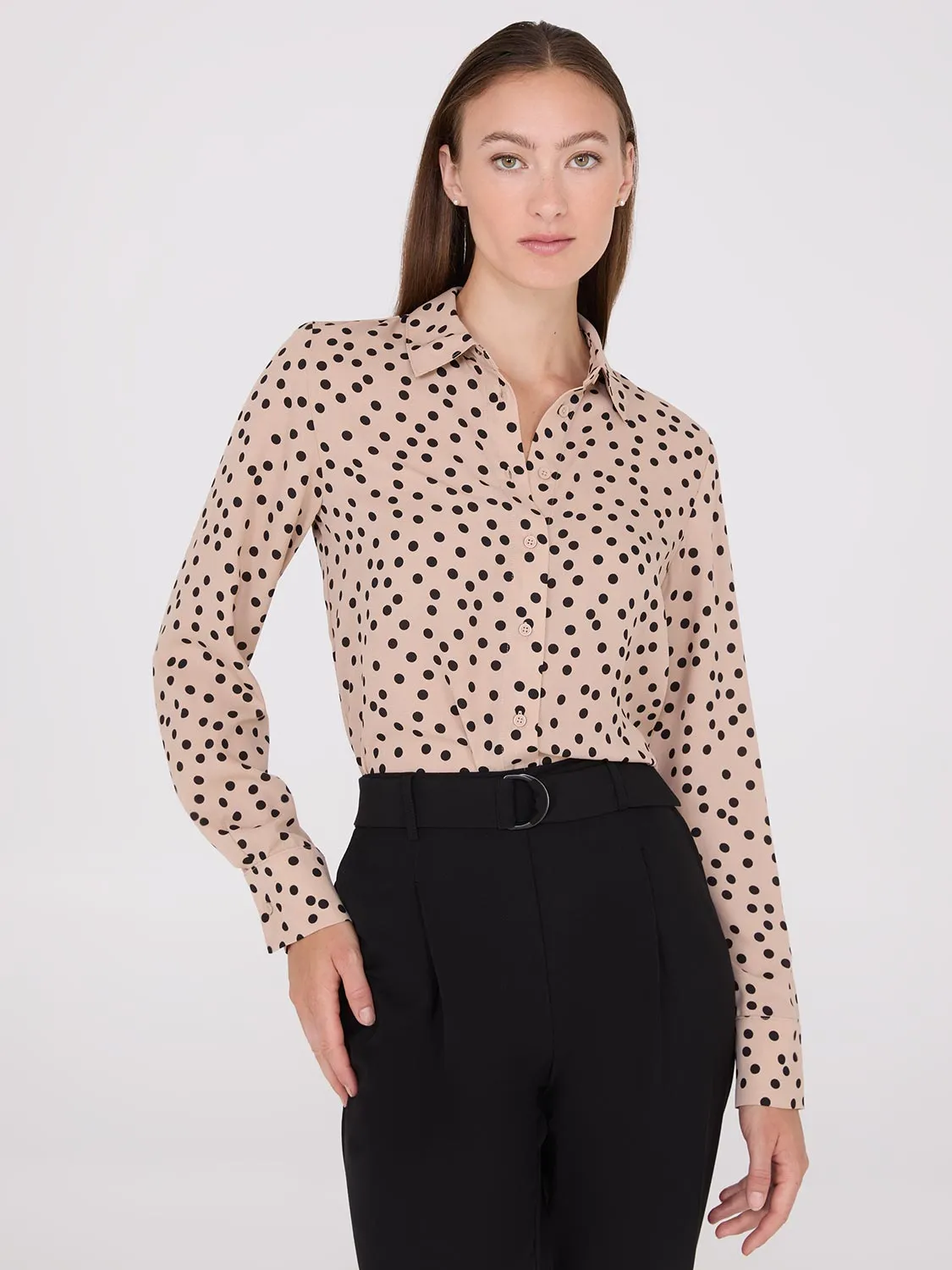 Dot Print Chiffon Button-Front Blouse