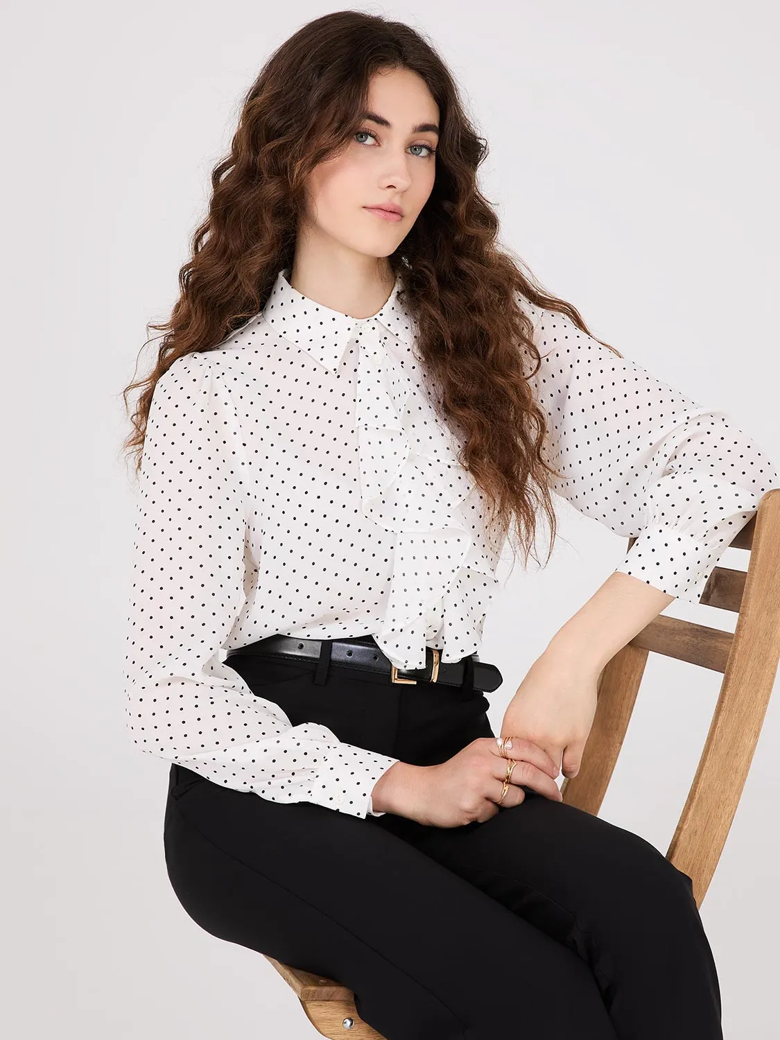 Dot Print Ruffle Button-Front Blouse