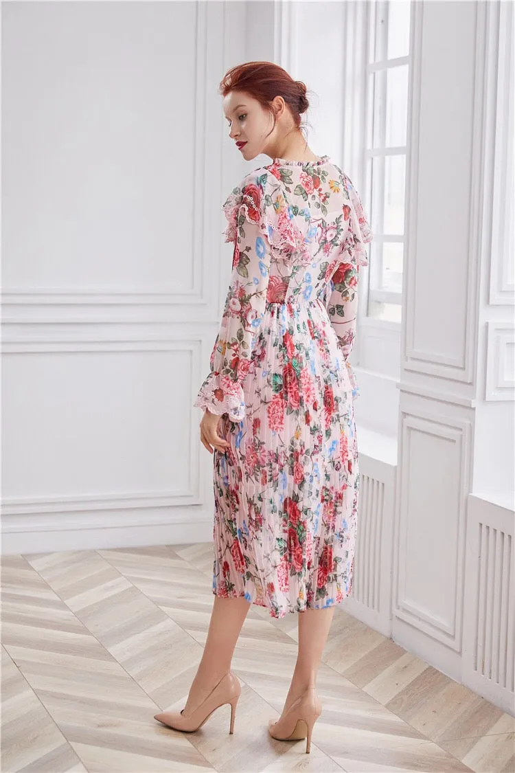 Floral Midi Dress W/ Pleats