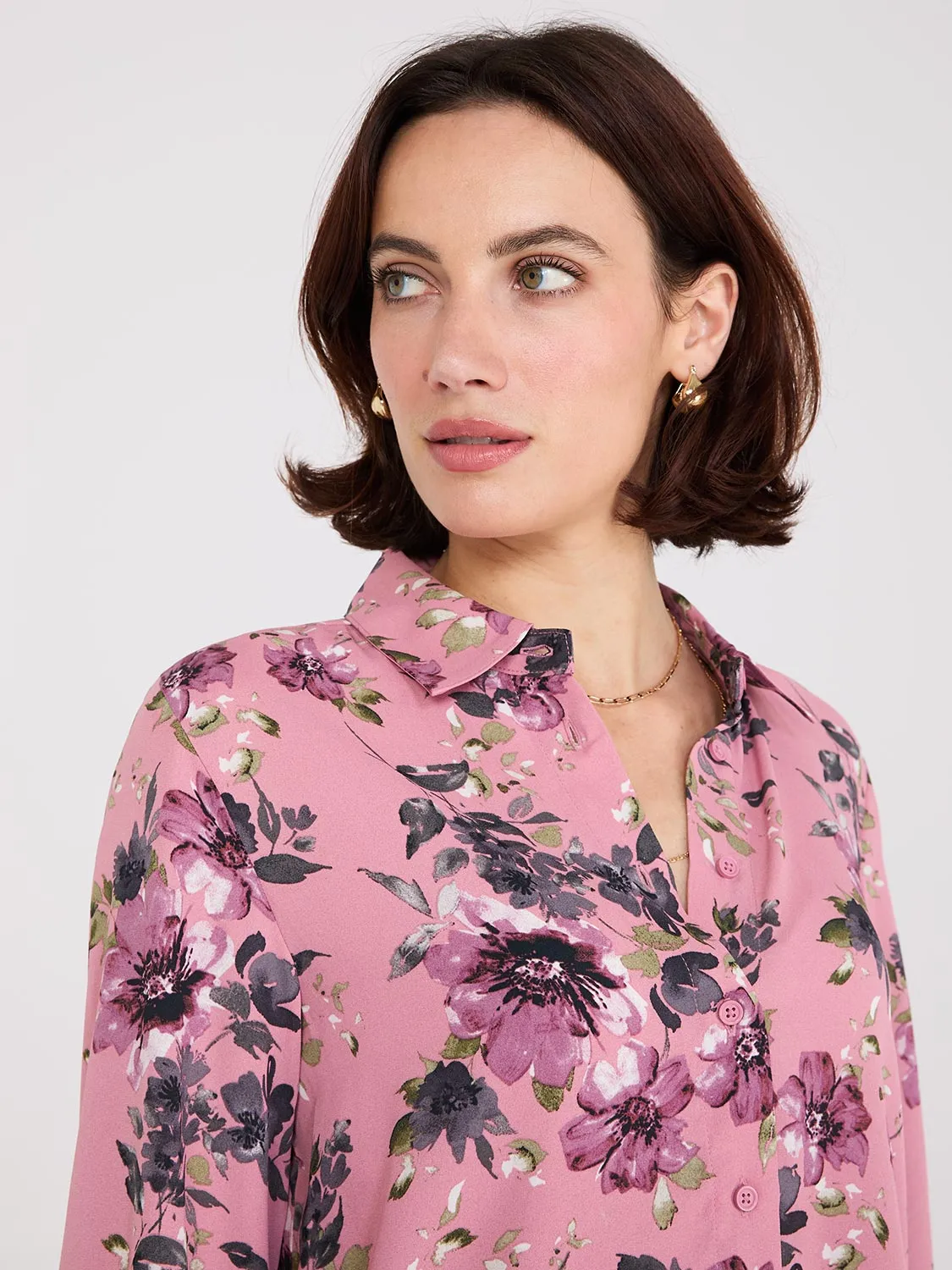 Floral Print Chiffon Button-Front Blouse