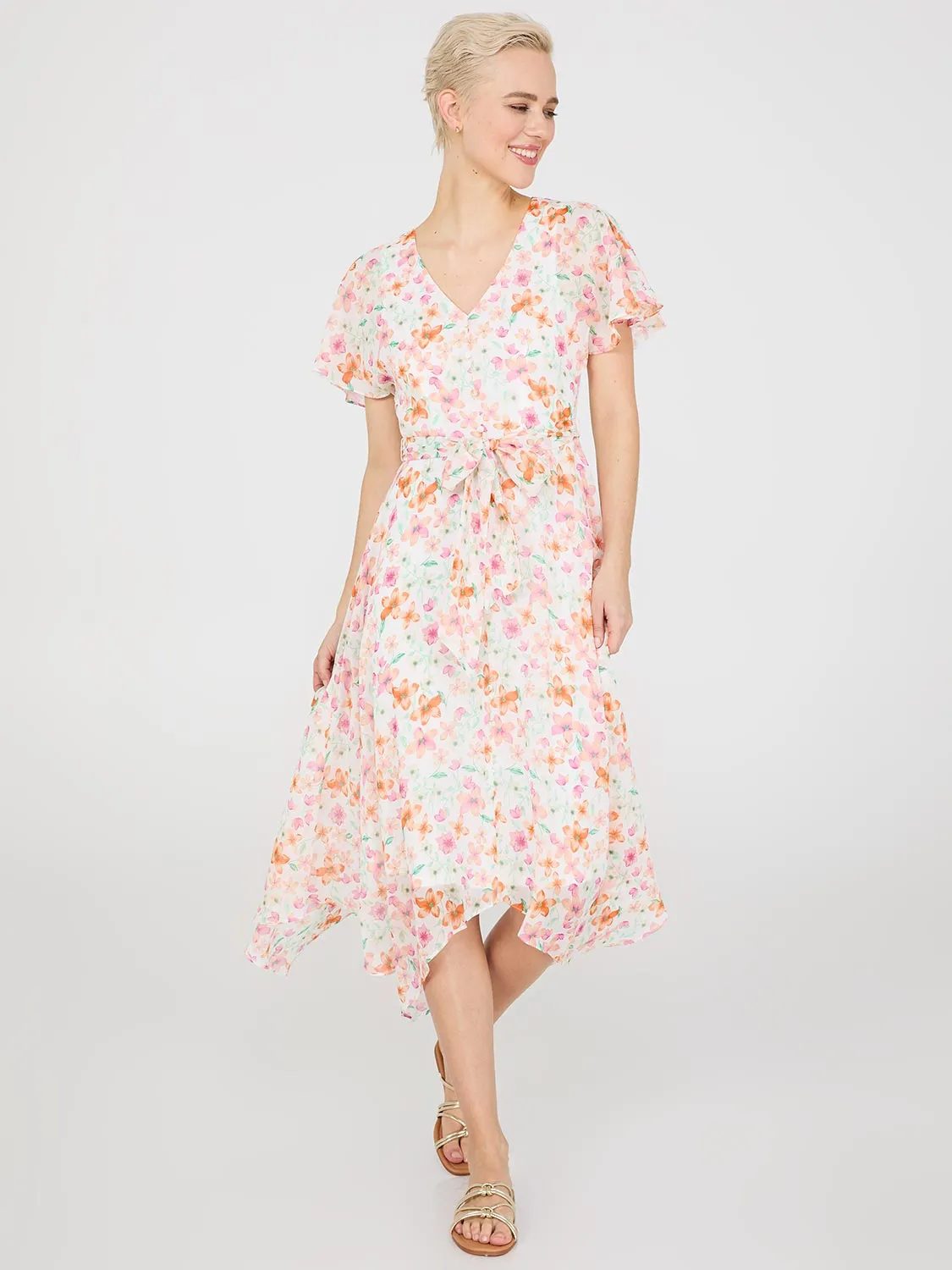 Floral Print Chiffon Handkerchief Hem Dress