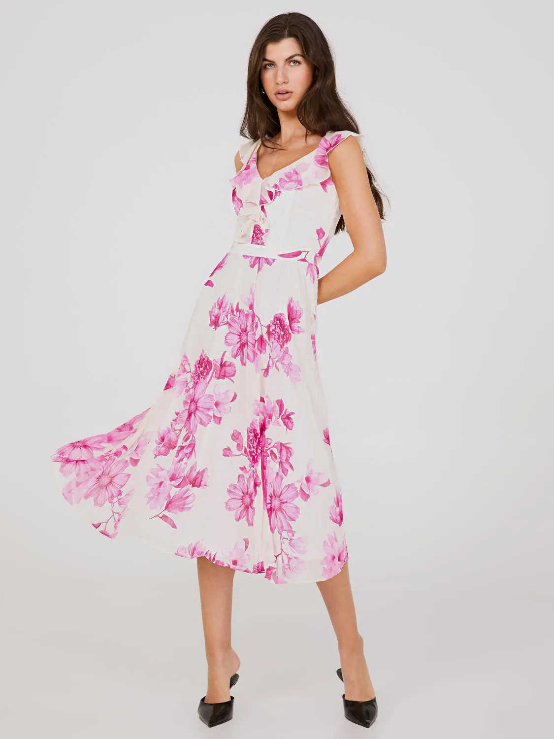 Floral Print Chiffon Ruffle Midi Dress