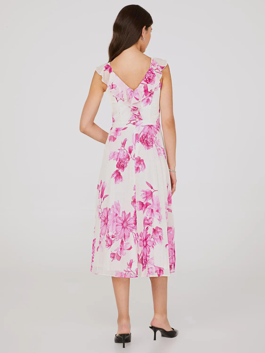 Floral Print Chiffon Ruffle Midi Dress