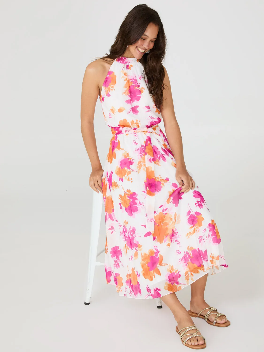 Floral Print Halter Neck Chiffon Midi Dress