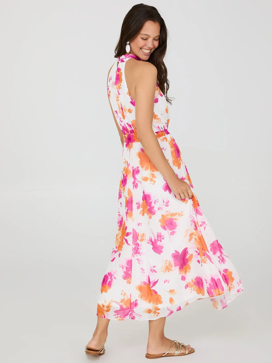 Floral Print Halter Neck Chiffon Midi Dress