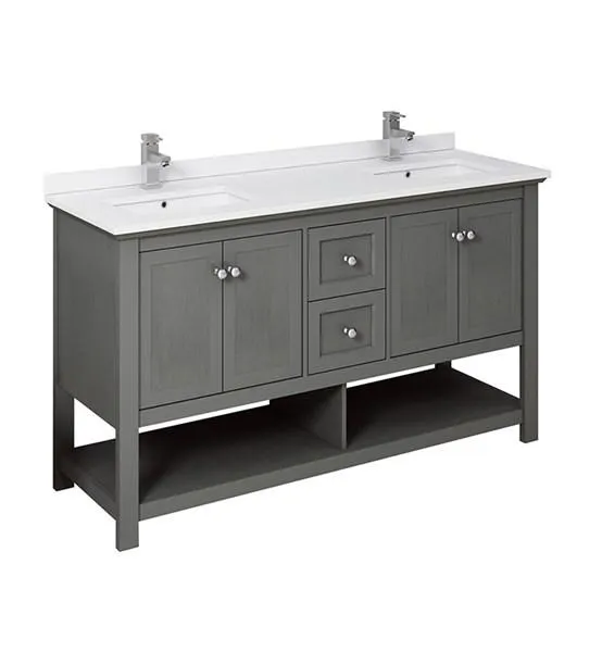 Fresca Manchester Regal 60 Gray Wood Veneer Traditional Double Sink Bathroom Cabinet w/ Top & Sinks | FCB2360VG-D-CWH-U