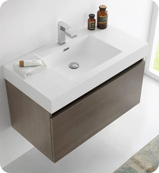 Fresca Mezzo 36 Gray Oak Wall Hung Modern Bathroom Cabinet w/ Integrated Sink | FCB8008GO-I