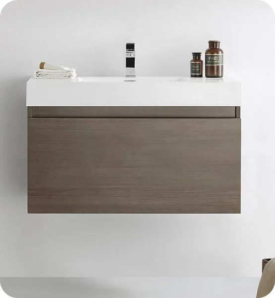 Fresca Mezzo 36 Gray Oak Wall Hung Modern Bathroom Cabinet w/ Integrated Sink | FCB8008GO-I