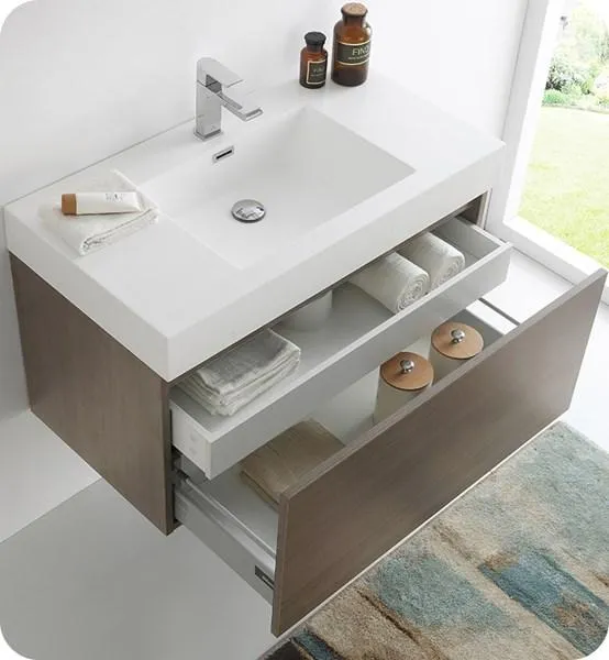 Fresca Mezzo 36 Gray Oak Wall Hung Modern Bathroom Cabinet w/ Integrated Sink | FCB8008GO-I