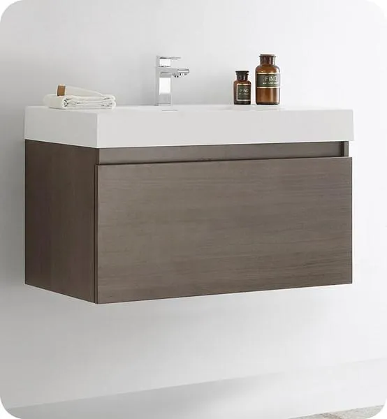 Fresca Mezzo 36 Gray Oak Wall Hung Modern Bathroom Cabinet w/ Integrated Sink | FCB8008GO-I