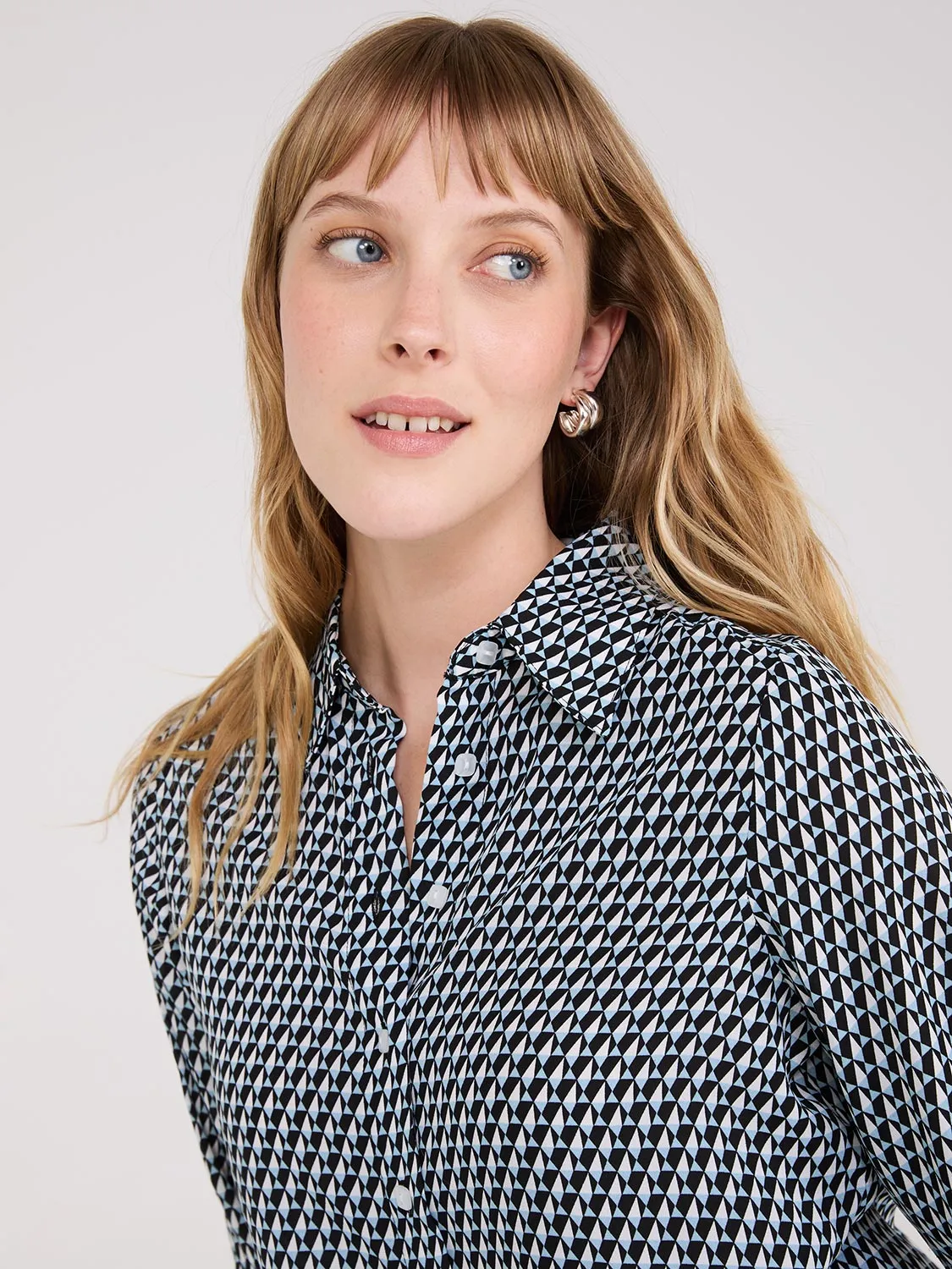 Geo Print Crepe Chiffon Button-Front Blouse