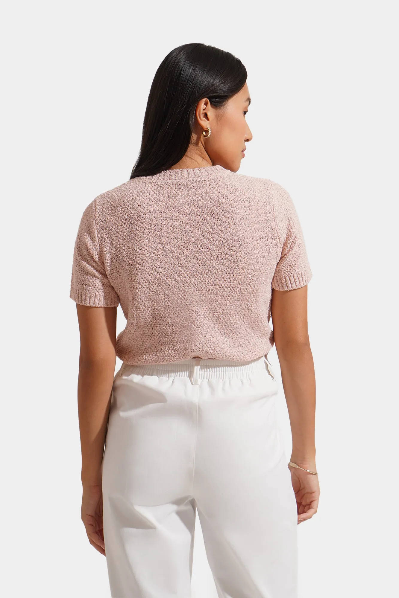 Jacquard Button Down Knit Top with Faux Pocket Detail