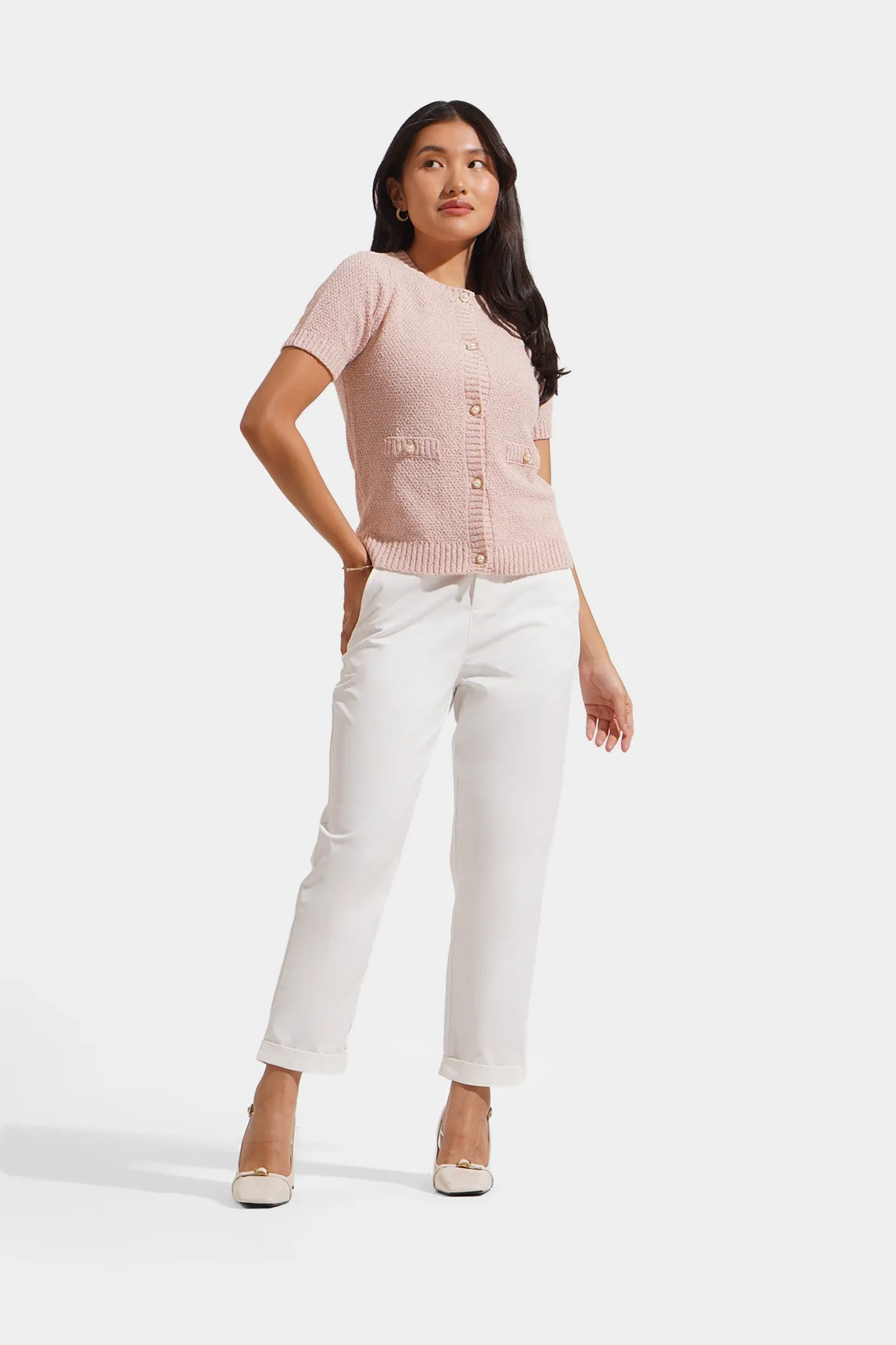 Jacquard Button Down Knit Top with Faux Pocket Detail