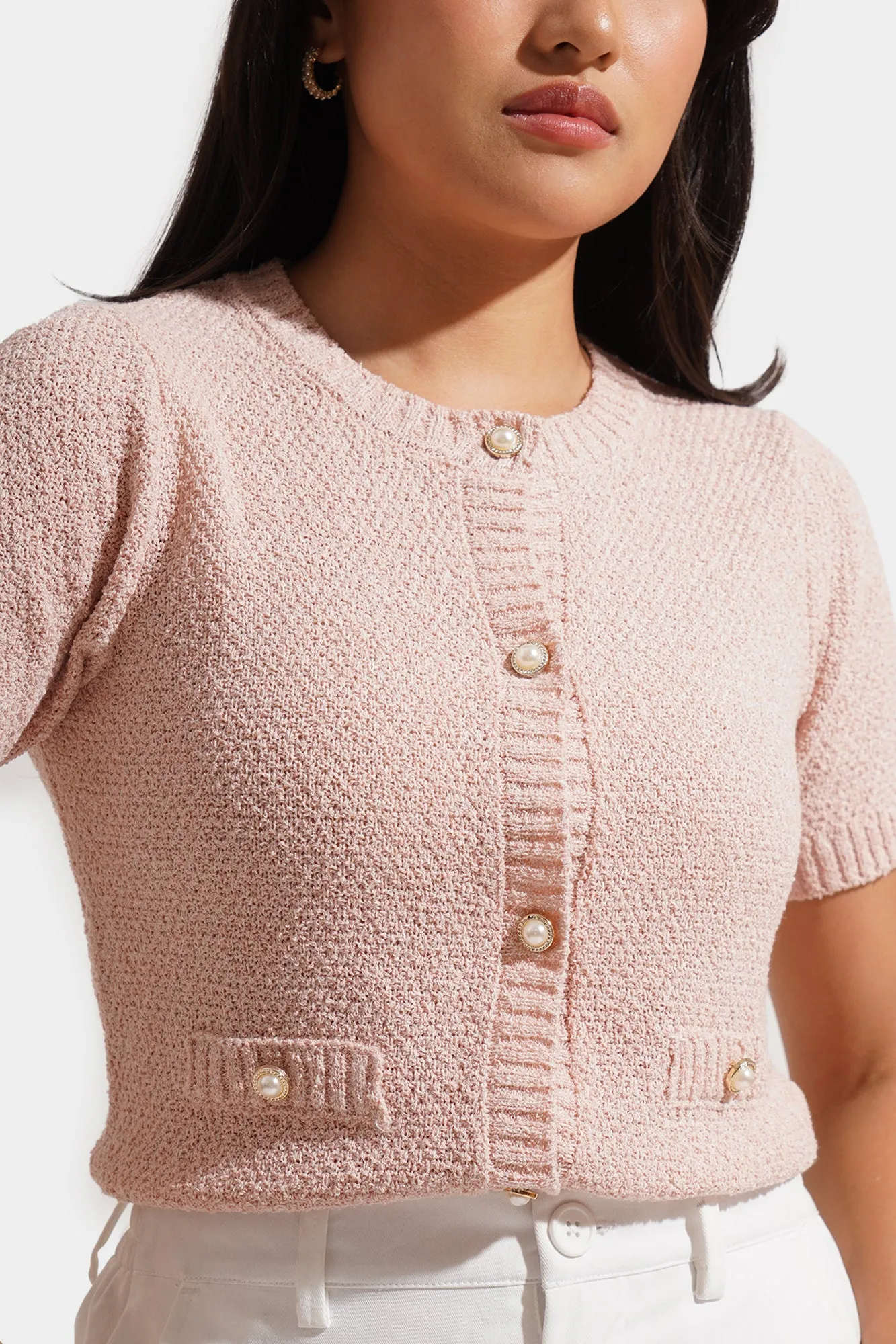 Jacquard Button Down Knit Top with Faux Pocket Detail