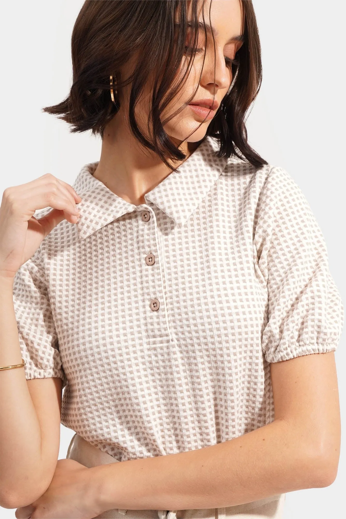 Jacquard Puff Sleeve Collared Tee