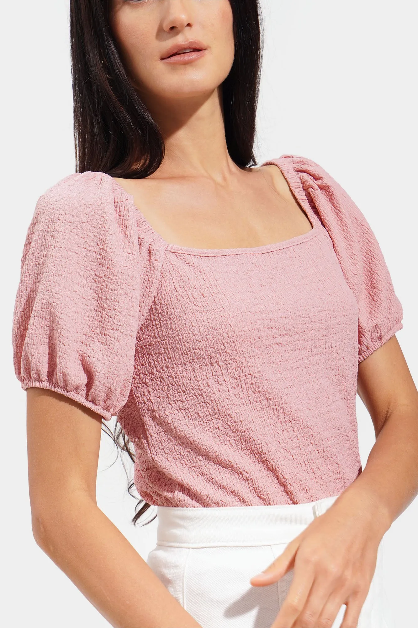 Jacquard Square Neck Puff Sleeve Tee