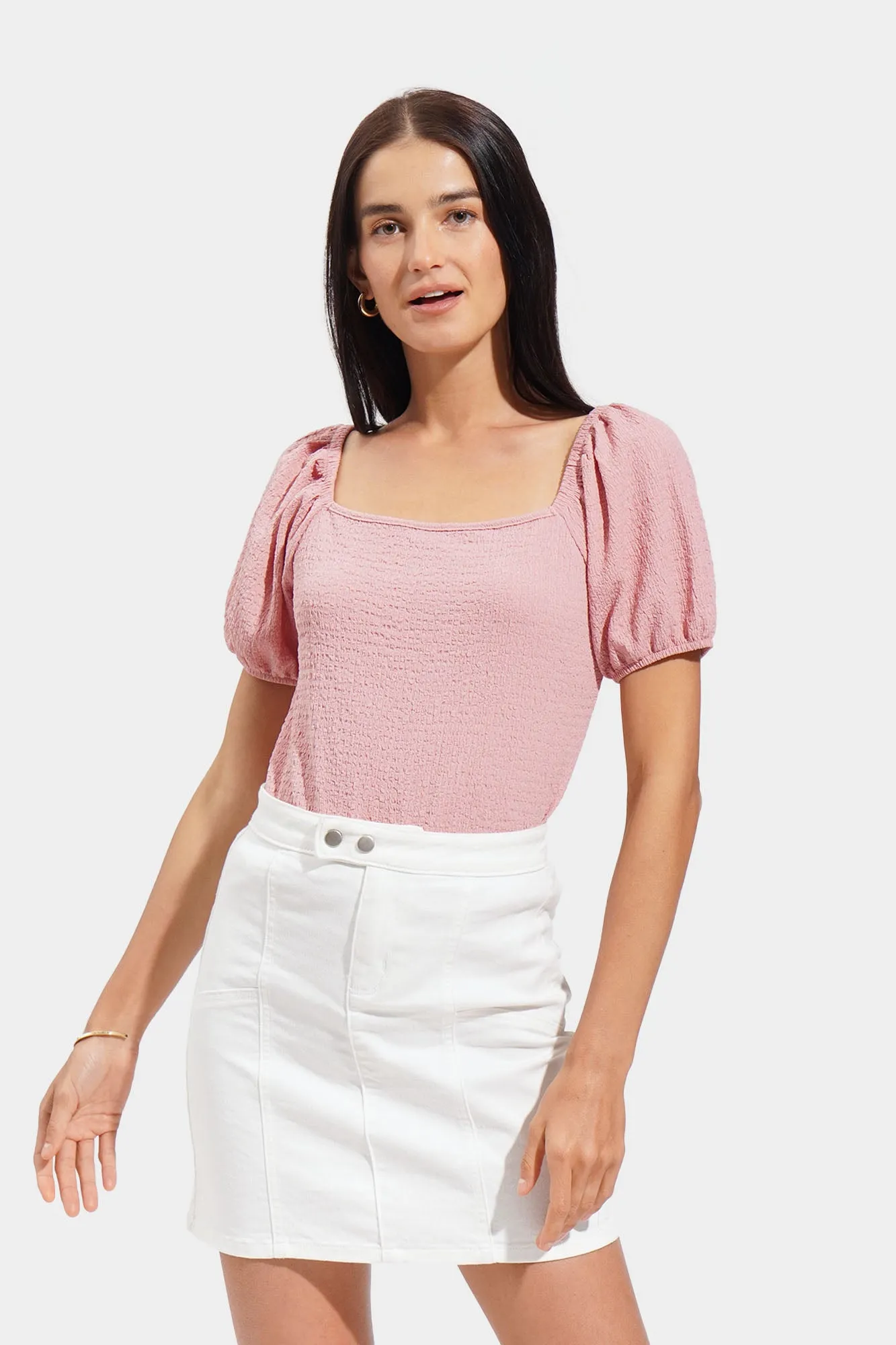 Jacquard Square Neck Puff Sleeve Tee