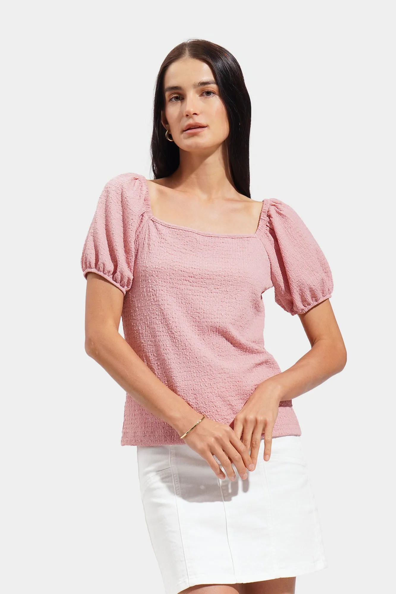 Jacquard Square Neck Puff Sleeve Tee