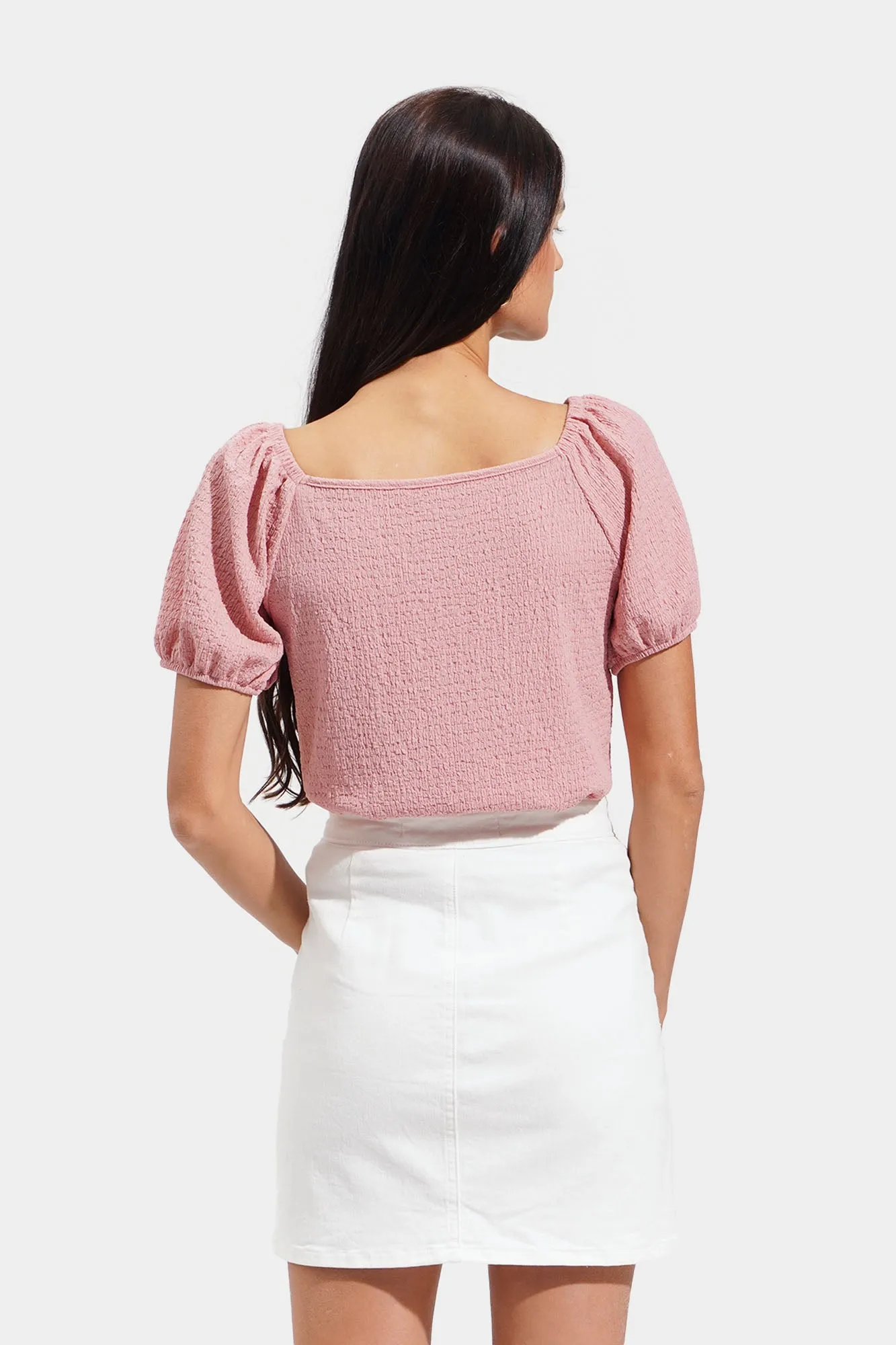 Jacquard Square Neck Puff Sleeve Tee