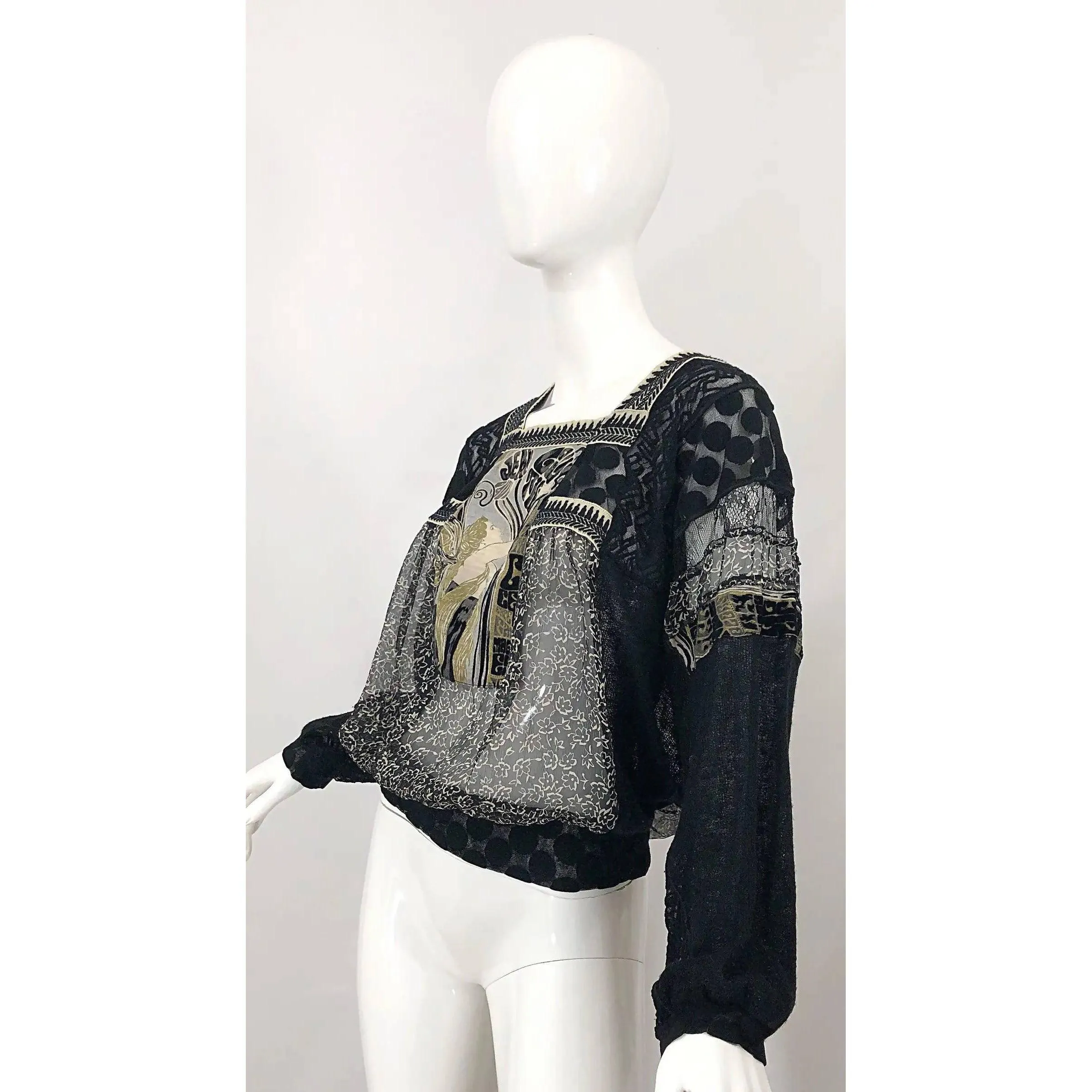 JEAN PAUL GAULTIER Hand Painted Rapunzel Print Black Sheer Blouse | Size L