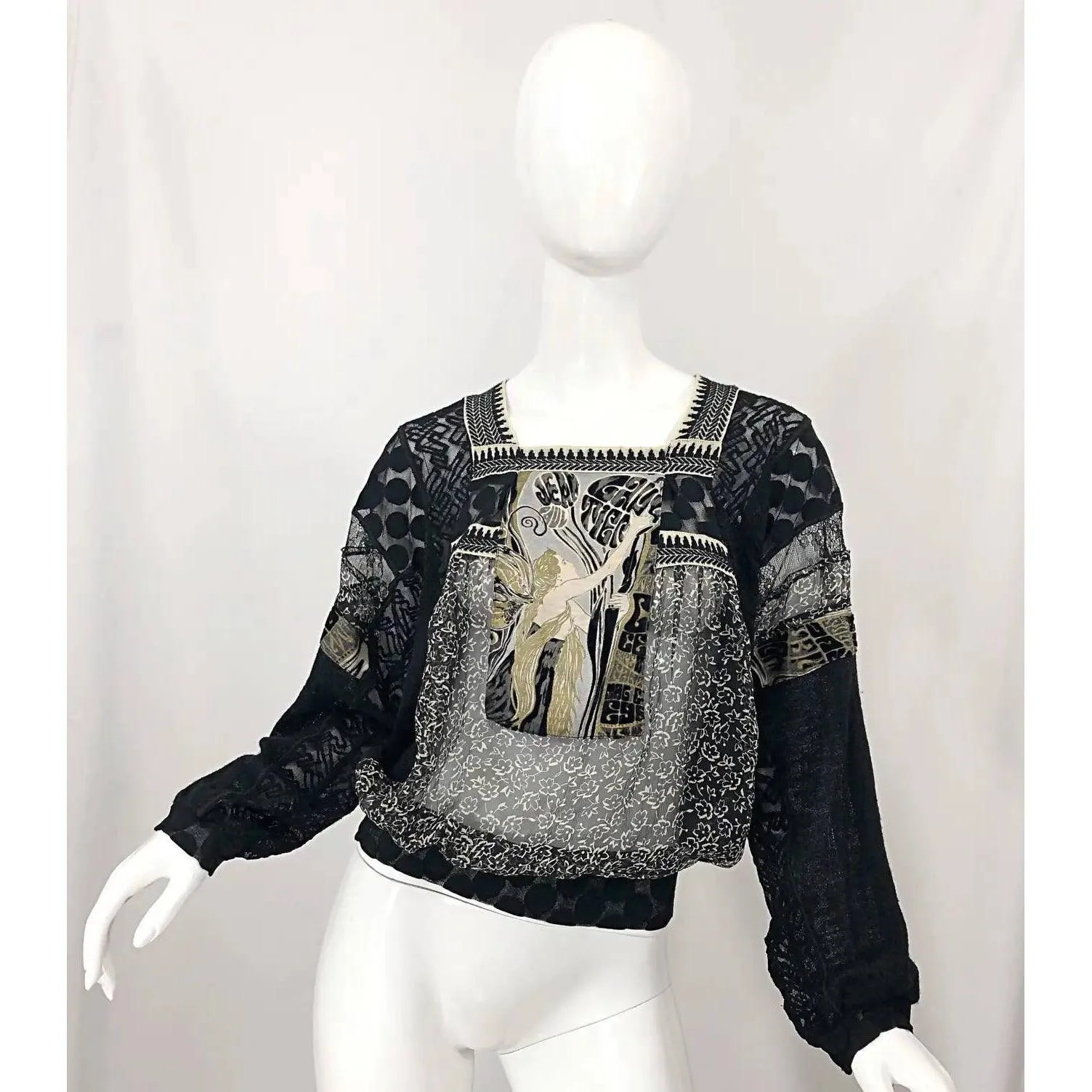 JEAN PAUL GAULTIER Hand Painted Rapunzel Print Black Sheer Blouse | Size L