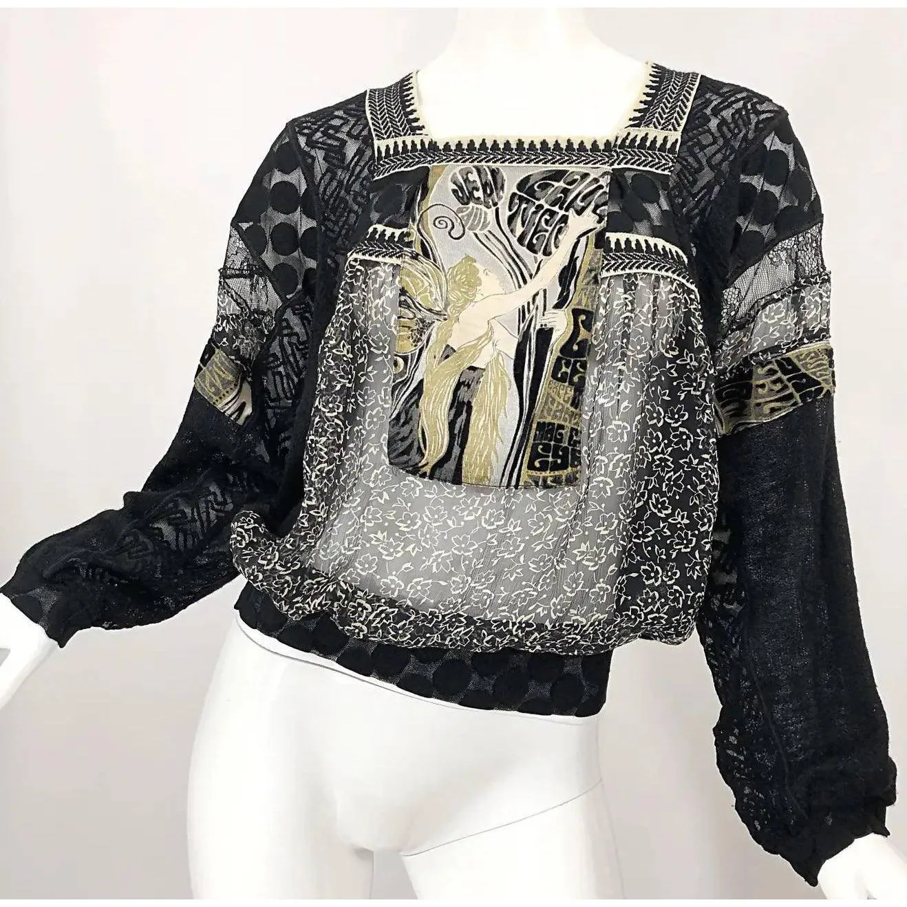 JEAN PAUL GAULTIER Hand Painted Rapunzel Print Black Sheer Blouse | Size L