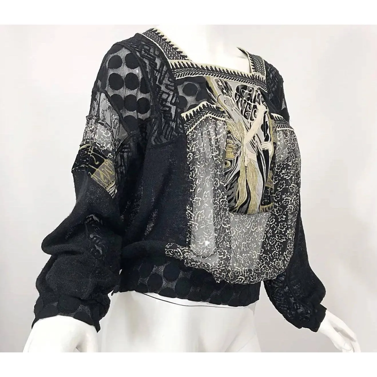 JEAN PAUL GAULTIER Hand Painted Rapunzel Print Black Sheer Blouse | Size L