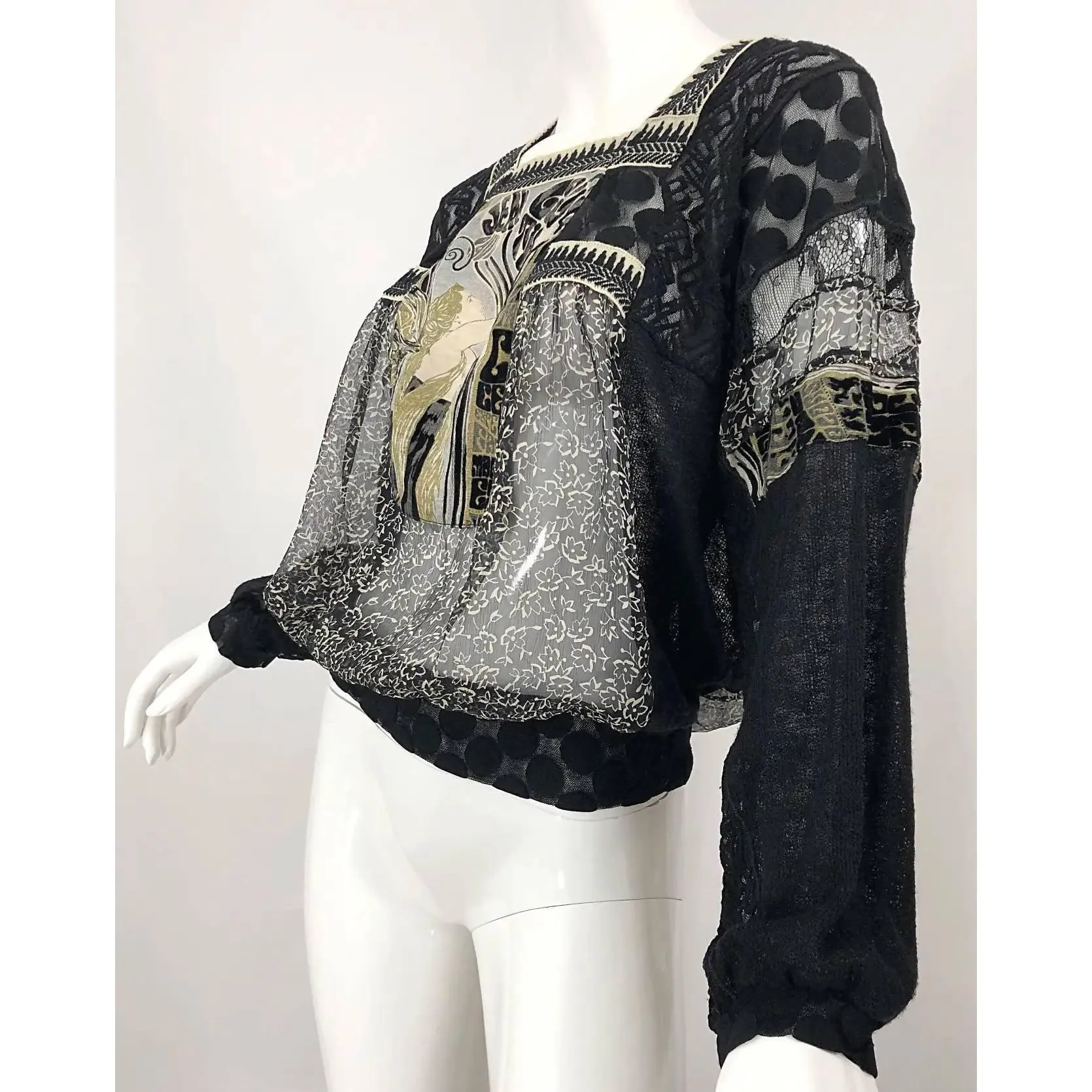 JEAN PAUL GAULTIER Hand Painted Rapunzel Print Black Sheer Blouse | Size L