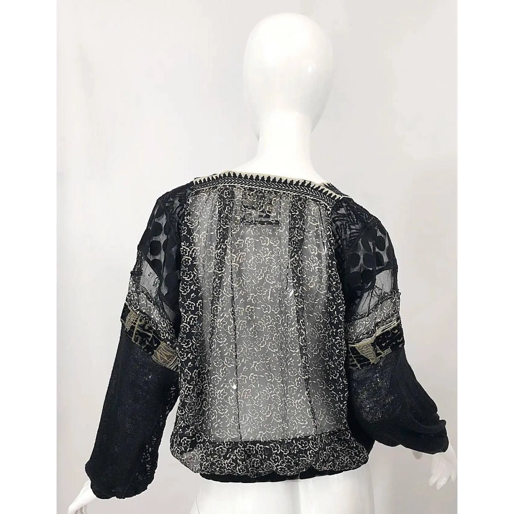 JEAN PAUL GAULTIER Hand Painted Rapunzel Print Black Sheer Blouse | Size L