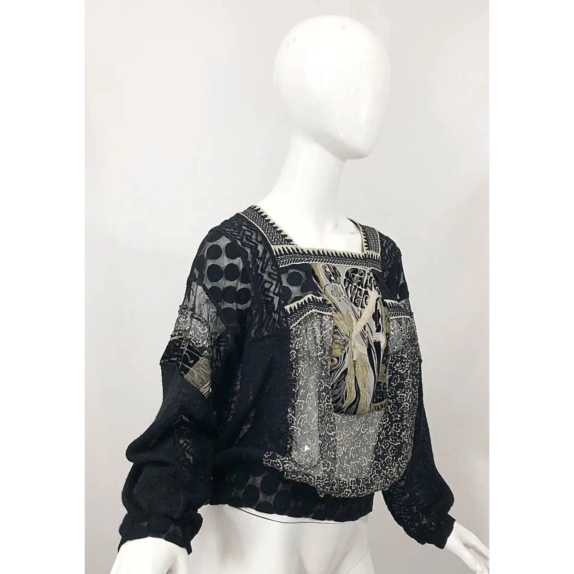 JEAN PAUL GAULTIER Hand Painted Rapunzel Print Black Sheer Blouse | Size L