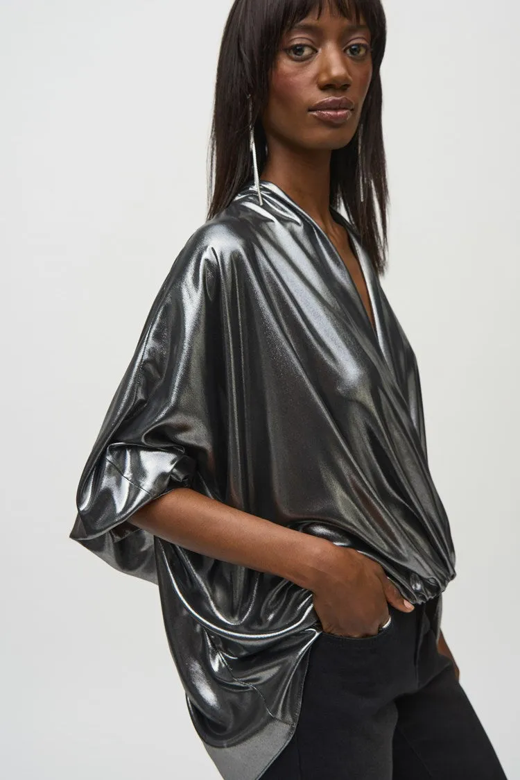 Joseph Ribkoff Pewter Metallic Foiled Chiffon Wrap Top