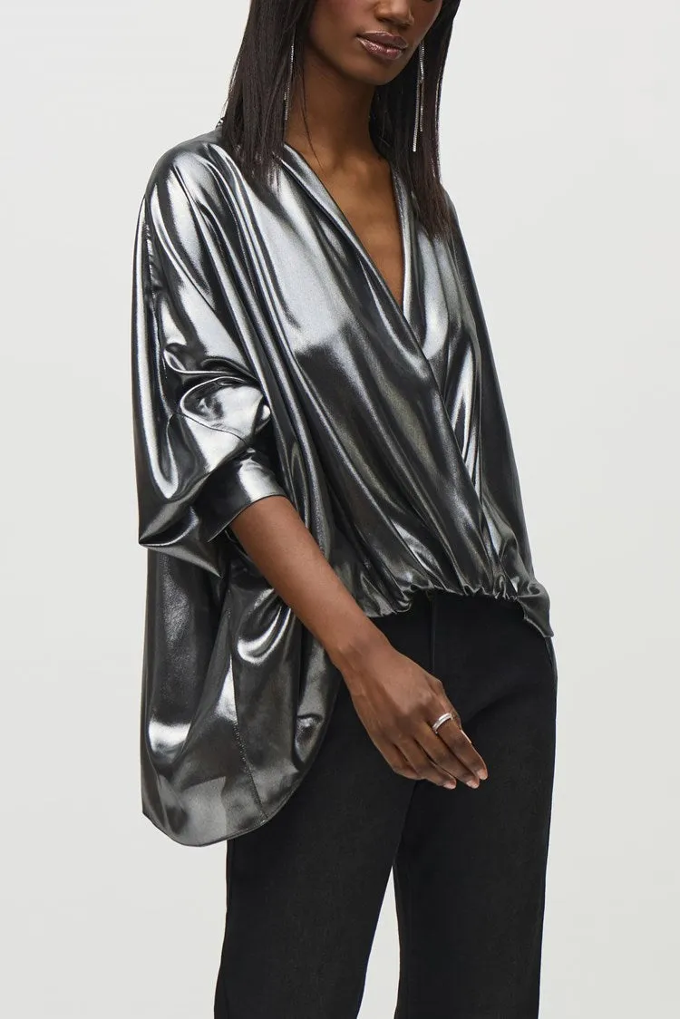 Joseph Ribkoff Pewter Metallic Foiled Chiffon Wrap Top