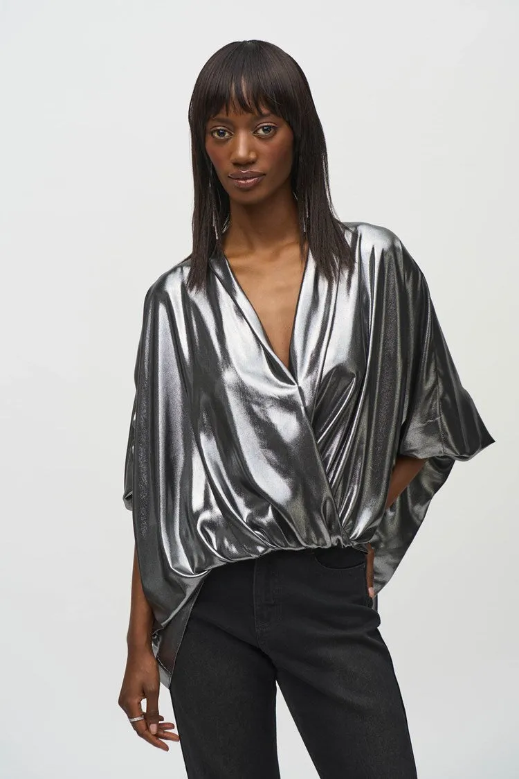 Joseph Ribkoff Pewter Metallic Foiled Chiffon Wrap Top