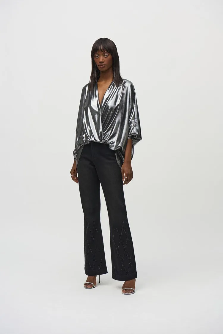 Joseph Ribkoff Pewter Metallic Foiled Chiffon Wrap Top