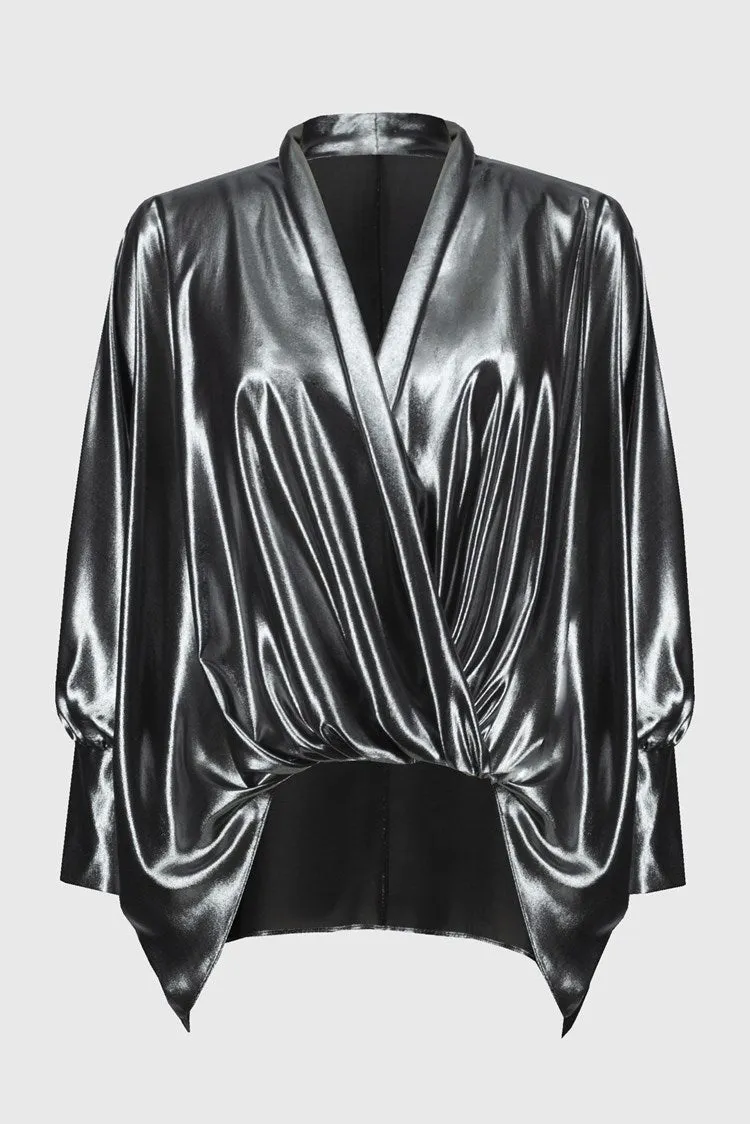 Joseph Ribkoff Pewter Metallic Foiled Chiffon Wrap Top